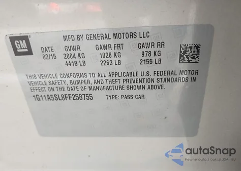 2015 Chevrolet Malibu 1Fl from USA, damaged, VIN 1G11A5SL8FF258755